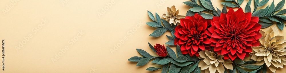 Sticker A decorative arrangement of red and gold flowers against a soft beige background.