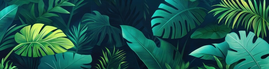 A vibrant illustration of tropical leaves in various shades of green on a dark background.