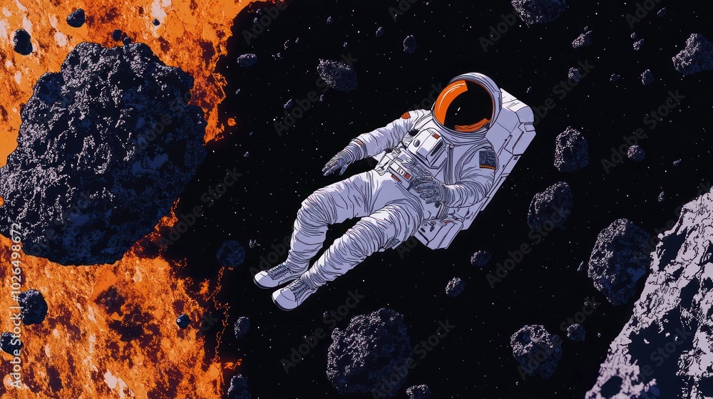 Poster an astronaut floats in space amidst asteroids and cosmic elements.