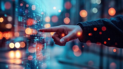 Businessman pointing at icons with digital interface overlay on blurred city background. Concept of business strategy and technology driven network.