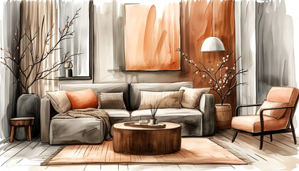 Cozy modern living room with warm tones and natural accents in a peaceful setting