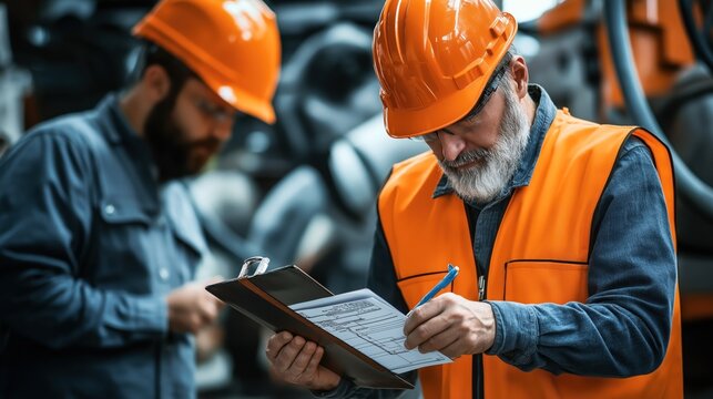 Industrial workers wearing safety gear, one with an orange vest and hard hat, inspecting documents on a clipboard in a factory setting featuring machinery.