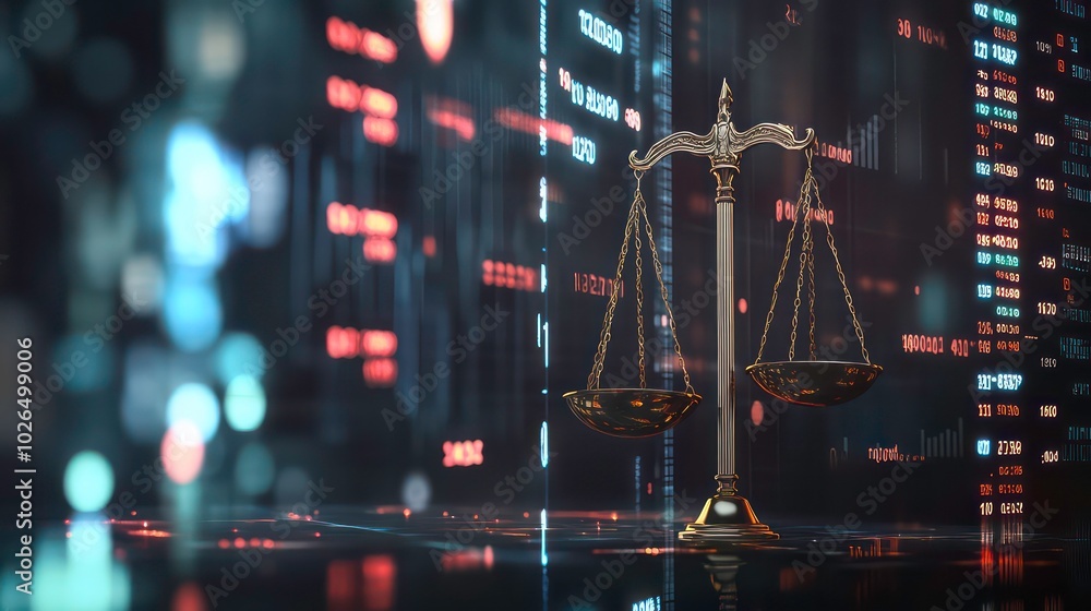 Aufkleber a golden scale of justice sits on a futuristic digital background, with data and graphs displayed in