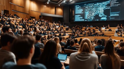 Large lecture hall filled with students attentively listening to a presentation with a digital map on a screen, showcasing an educational environment.