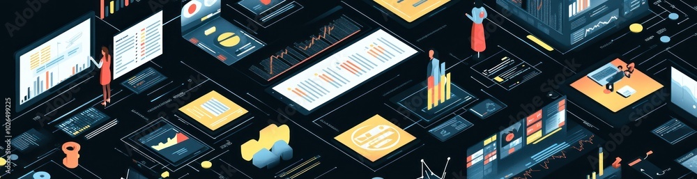 Poster a digital illustration showcasing data visualization and analytics tools.