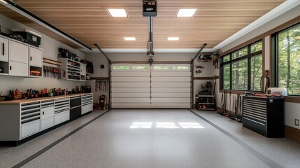 Modern organized garage interior with tools neatly arranged on workbenches and shelves. Features a large garage door and bright lighting.