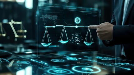A businessman is interacting with a holographic display of a scale of justice, symbolizing legal technology and digital transformation in law.