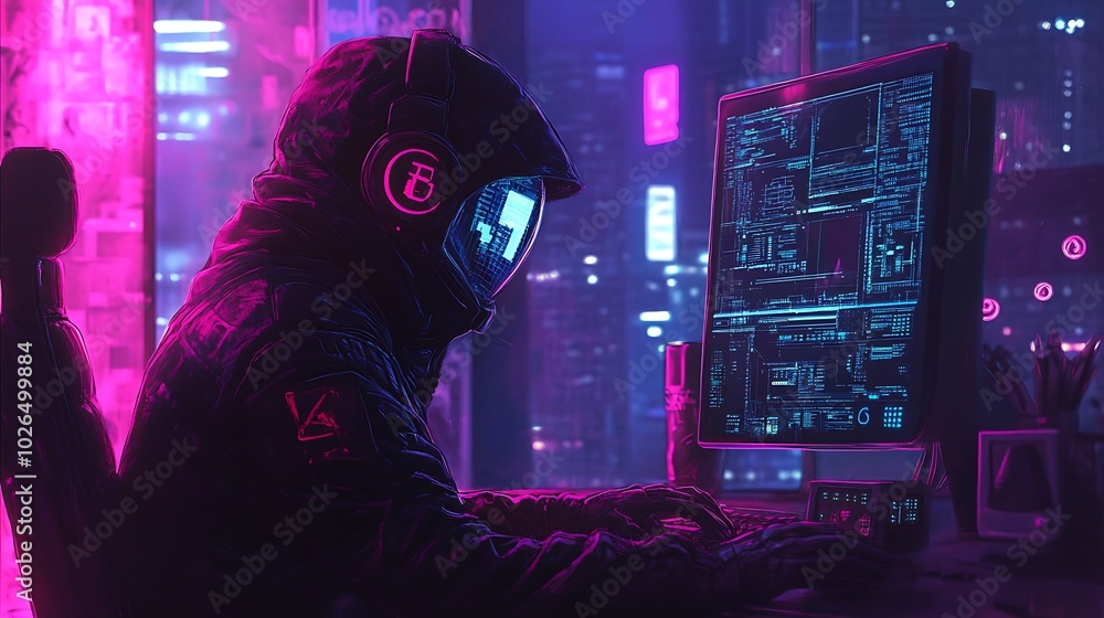 Poster a futuristic astronaut in a neon-lit room, working on a computer with headphones on, against a backd