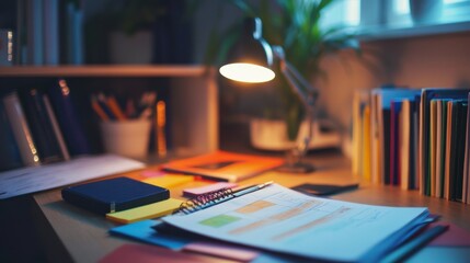 Homework assignment with vibrant paper, cozy desk setup.