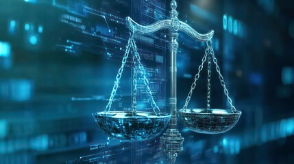 A stylized silver scale of justice is rendered in a translucent, digital style against a blue background with binary code.