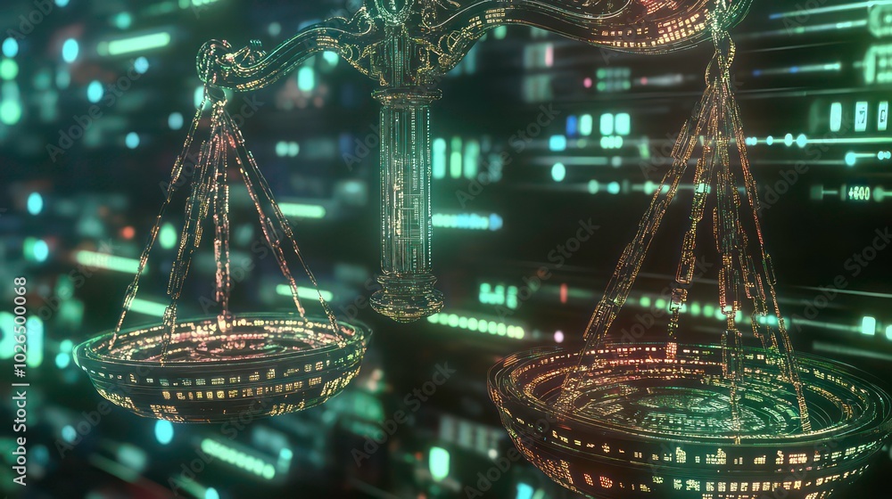 Poster a stylized digital representation of scales of justice, with a binary code background.