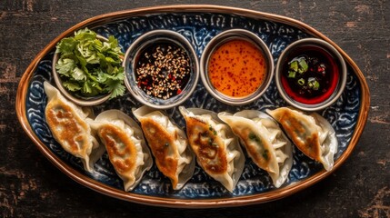 Delicious Dumplings with Dipping Sauces and Herbs