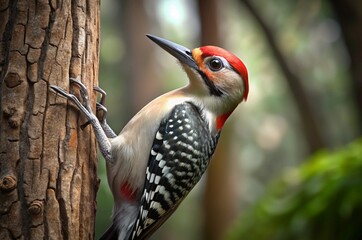 Fototapeta premium Capture a busy woodpecker pecking at a tree trunk, with its vibrant colors standing out against the bark. 