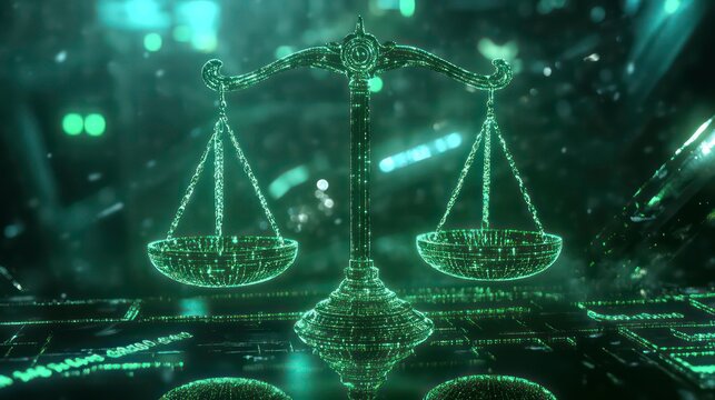 A digital rendering of a glowing green scale of justice, a symbol of law and justice, against a futuristic background.
