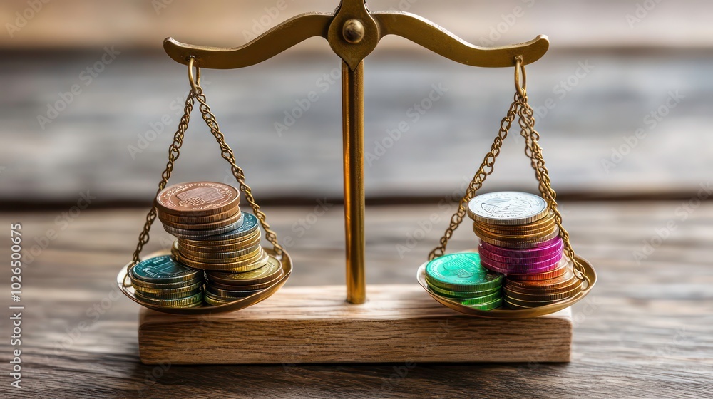 Aufkleber a close-up of a golden scale with stacks of colorful coins on each side, resting on a wooden table.