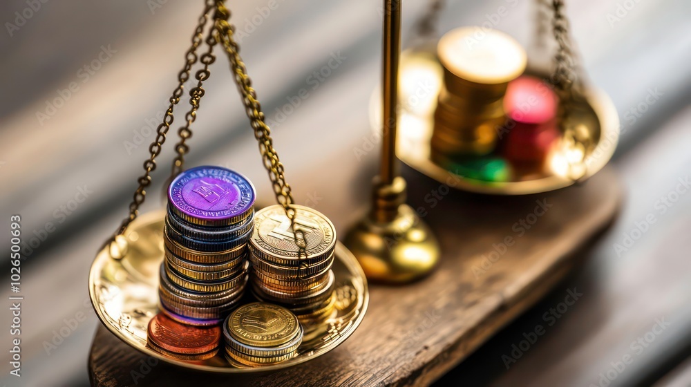 Poster a stack of coins on one side of a balance scale, with a larger stack of coins on the other side, rep