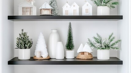 Two floating shelves display a charming Christmas village, illuminated gently above a couch. A decorated tree adds festive cheer to the cozy bedroom