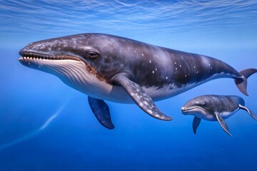 Naklejka premium Feature a mother whale swimming alongside her calf, highlighting their bond as they glide through the ocean. 