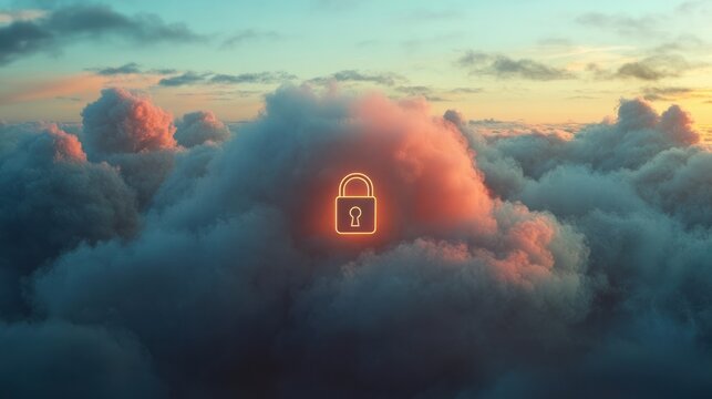 Data cloud with padlock icon floating in the center of it.