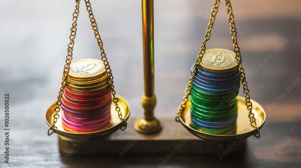 Poster a golden balance scale with two stacks of colorful coins on each side.