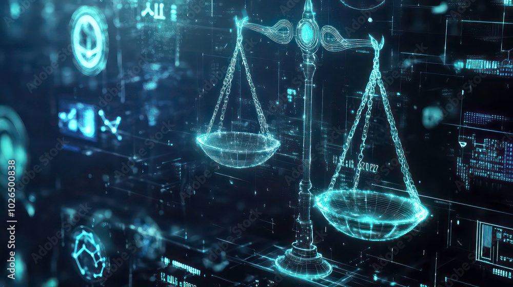 Aufkleber a digital rendering of a scale of justice, a symbol of law and fairness, against a backdrop of abstr