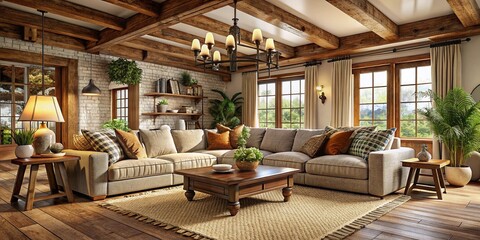 Fototapeta premium A cozy farmhouse living room featuring a plush sectional, decorated in vintage style photography, creating a warm and inviting atmosphere filled with