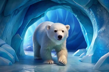 Illustrate a curious polar bear cub exploring an ice cave, its fluffy white fur contrasting with the deep blue ice.
