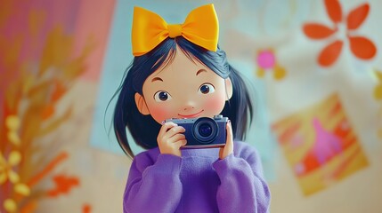 A girl with a yellow bow on her head stands with a camera and takes pictures. Girl in a photo studio