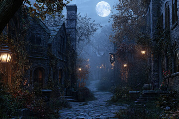 Obraz premium Moonlit Night in Quiet Village 
