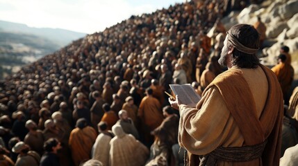 A historical or biblical scene showing a large crowd gathered on a hillside, with a bearded man in traditional robes reading from a scroll or book.