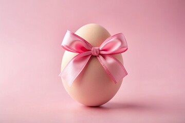 A detailed view of a decorated Easter egg tied with a pink bow against a pink backdrop, embodying festive minimalism and a healthy keto lifestyle.