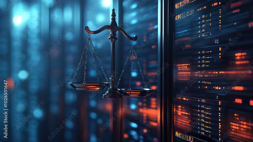 Poster a scales of justice in front of a server rack with glowing lights in the background.