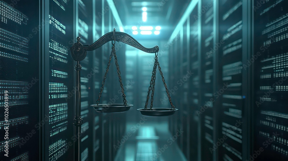 Aufkleber scales of justice in a data center server room.