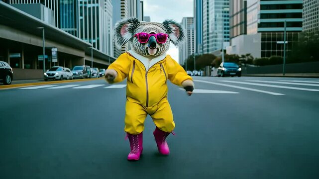 A koala in a yellow jumpsuit and pink sunglasses walks down a city street. Funny dancing animal video footage concept
