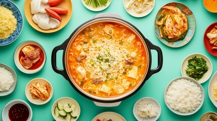 Colorful Korean Dish with Side Dishes and Ingredients