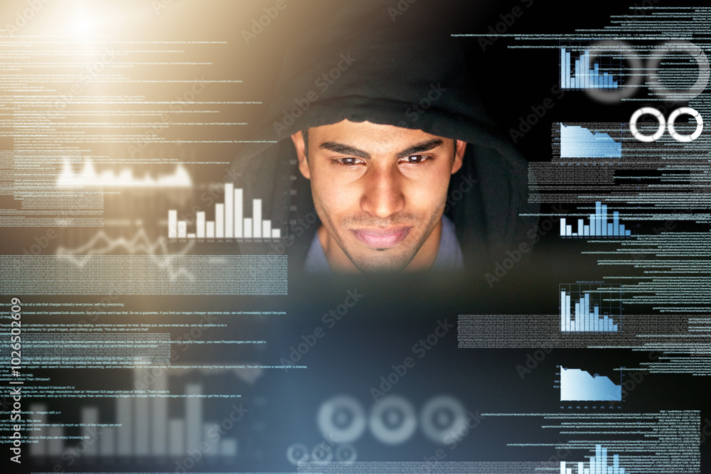 Fototapete Man, hacker and hologram with analytics and virus installation for firewall bypass and hub. Database, overlay and dashboard with digital charts and programming and cyber security crime on software