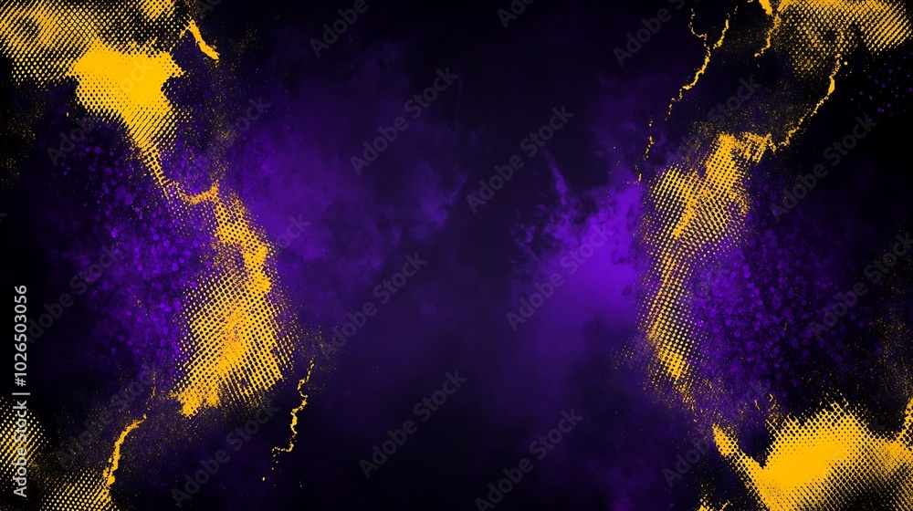 Poster abstract background with yellow and purple grunge paint splashes on dark backdrop.