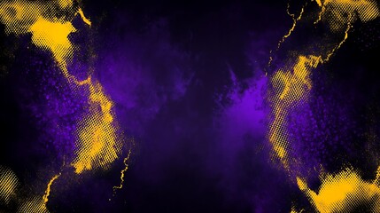 Abstract background with yellow and purple grunge paint splashes on dark backdrop.