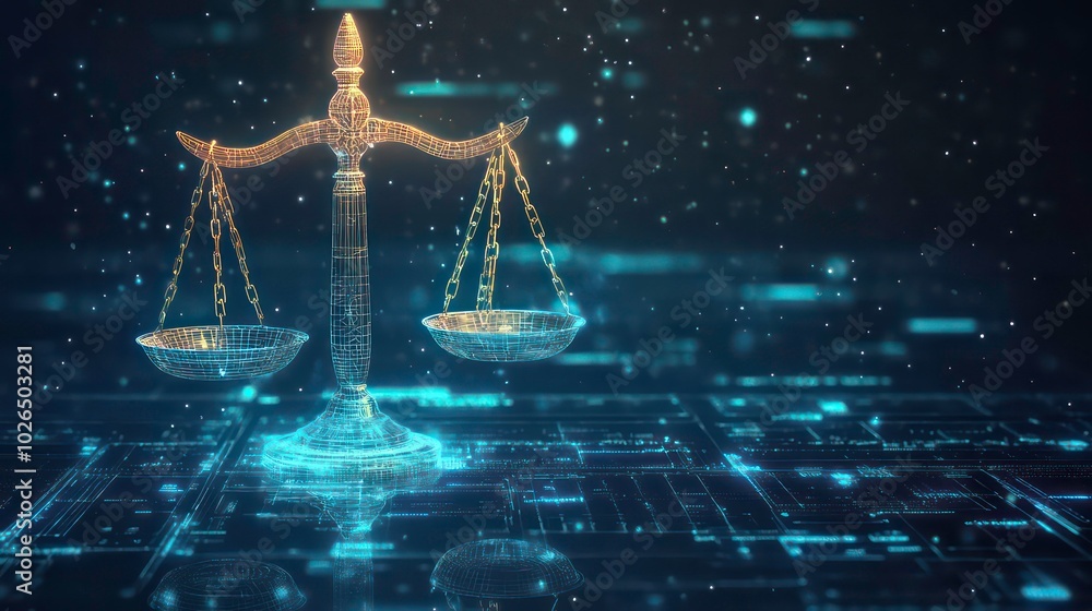Poster a digital rendering of a scale of justice on a digital background.