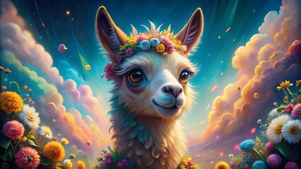 Naklejka premium Adorable Fluffy Llama Close-Up Portrait in Surreal Dreamscape