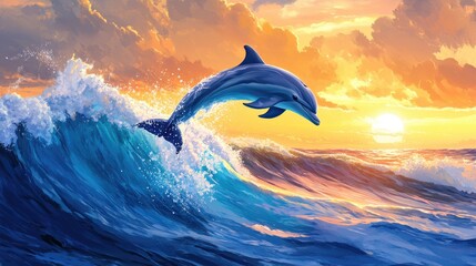 Dolphin Leaping Amidst Vibrant Sunset Waves