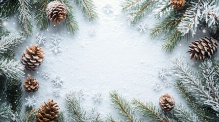 Snow-Covered Pine Branches with Pine Cones and Snowflakes
