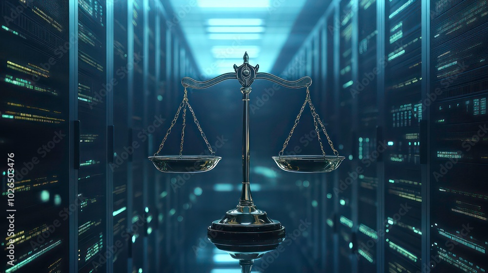 Poster a scale of justice stands in the middle of a server room, representing the balance of data and priva