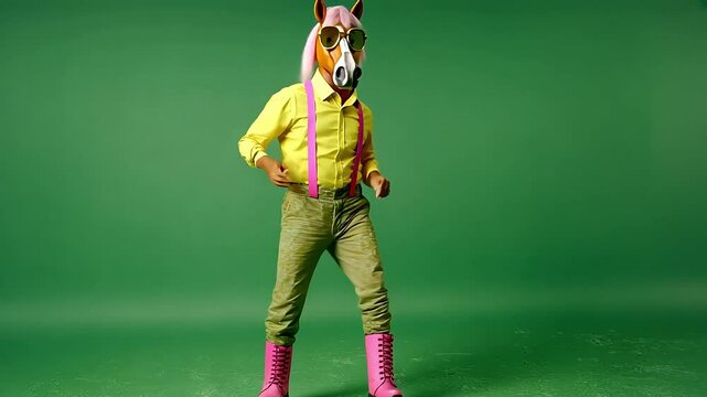 A person in a horse head costume dances with a yellow shirt, pink suspenders, and green pants, on a green screen background. Funny dancing animal video footage concept