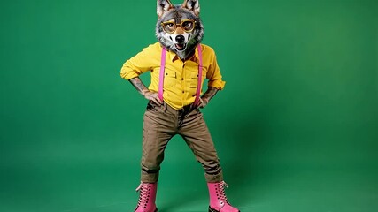 A man wearing a wolf mask, yellow shirt, pink suspenders and pink boots stands confidently against a green background. Funny dancing animal video footage concept