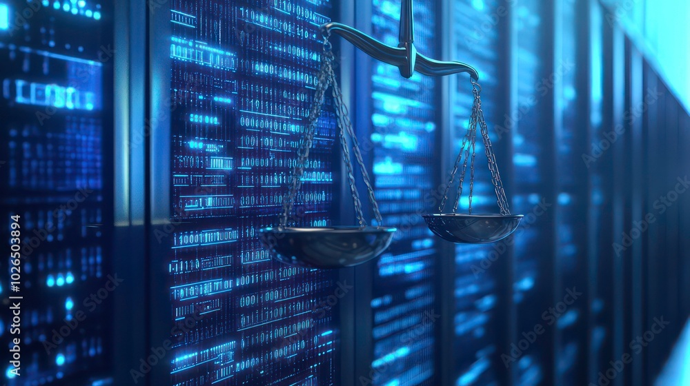 Poster a scale of justice hangs in front of a server room, representing the concept of digital law and data