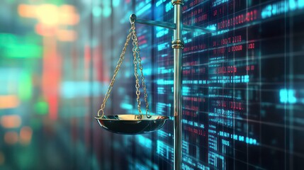 A silver scale of justice hangs in front of a glowing screen with binary code, representing the intersection of law and technology.