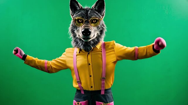 A wolf wearing a yellow shirt and pink suspenders with glasses looking directly at the camera. Funny dancing animal video footage concept