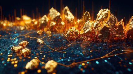 Golden Stones on Digital Background with Data Lines