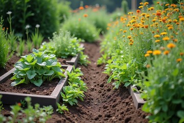 Organic Garden with Raised Beds and Blooming Flowers